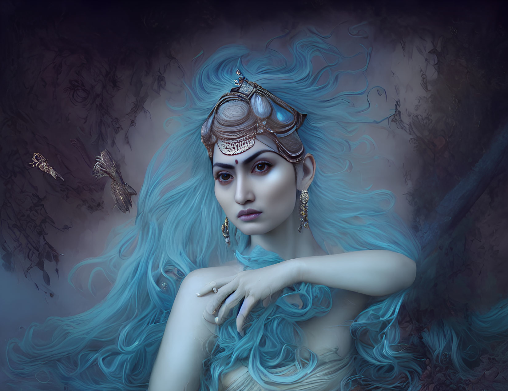 Portrait of woman with flowing blue hair and ethereal makeup in enchanted forest.