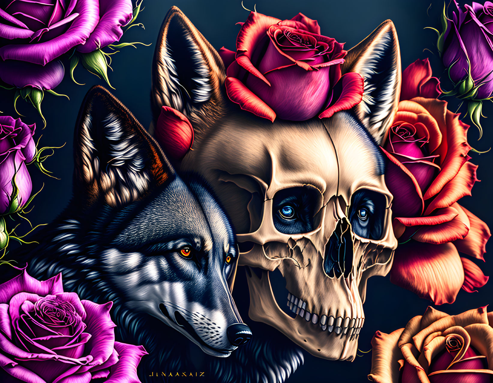 Digital artwork of live wolf and skeletal structure with roses