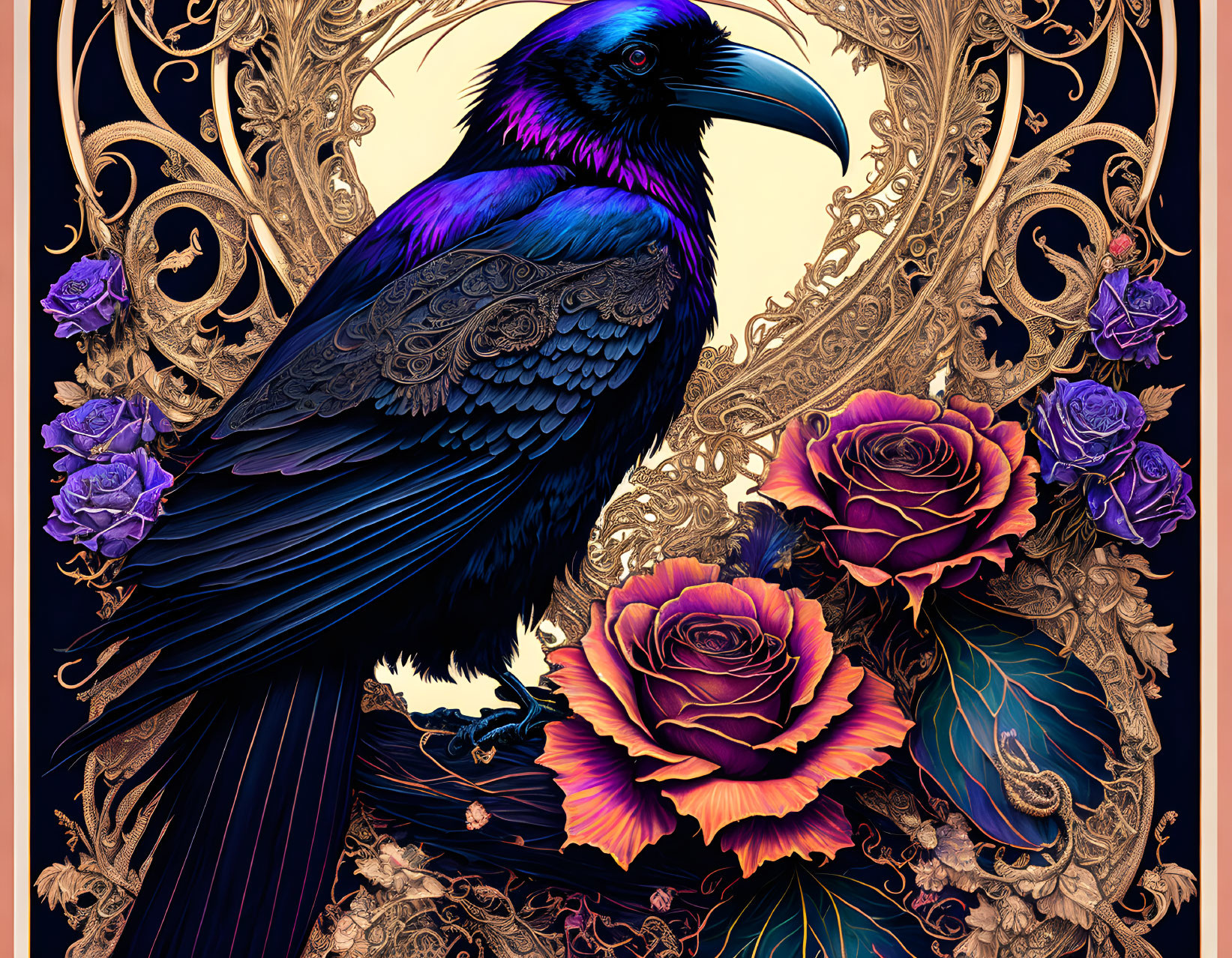 Raven surrounded by golden filigree and purple-orange roses