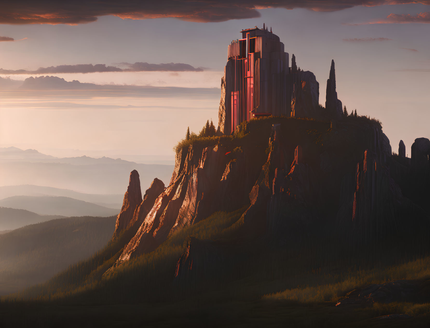 Majestic castle on steep cliff at sunset overlooking misty valley