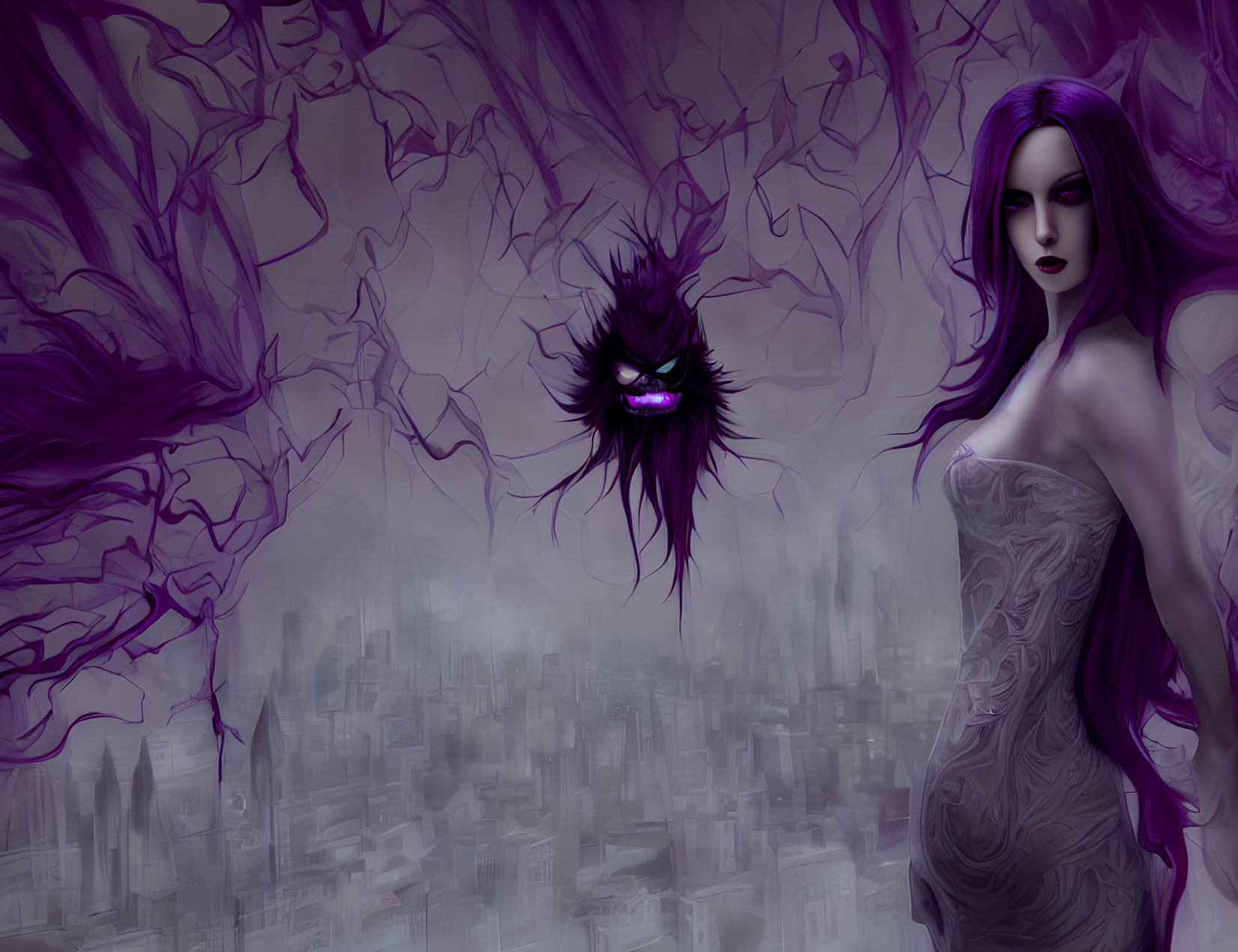 Purple-themed ethereal woman and dark furry creature in cityscape artwork.