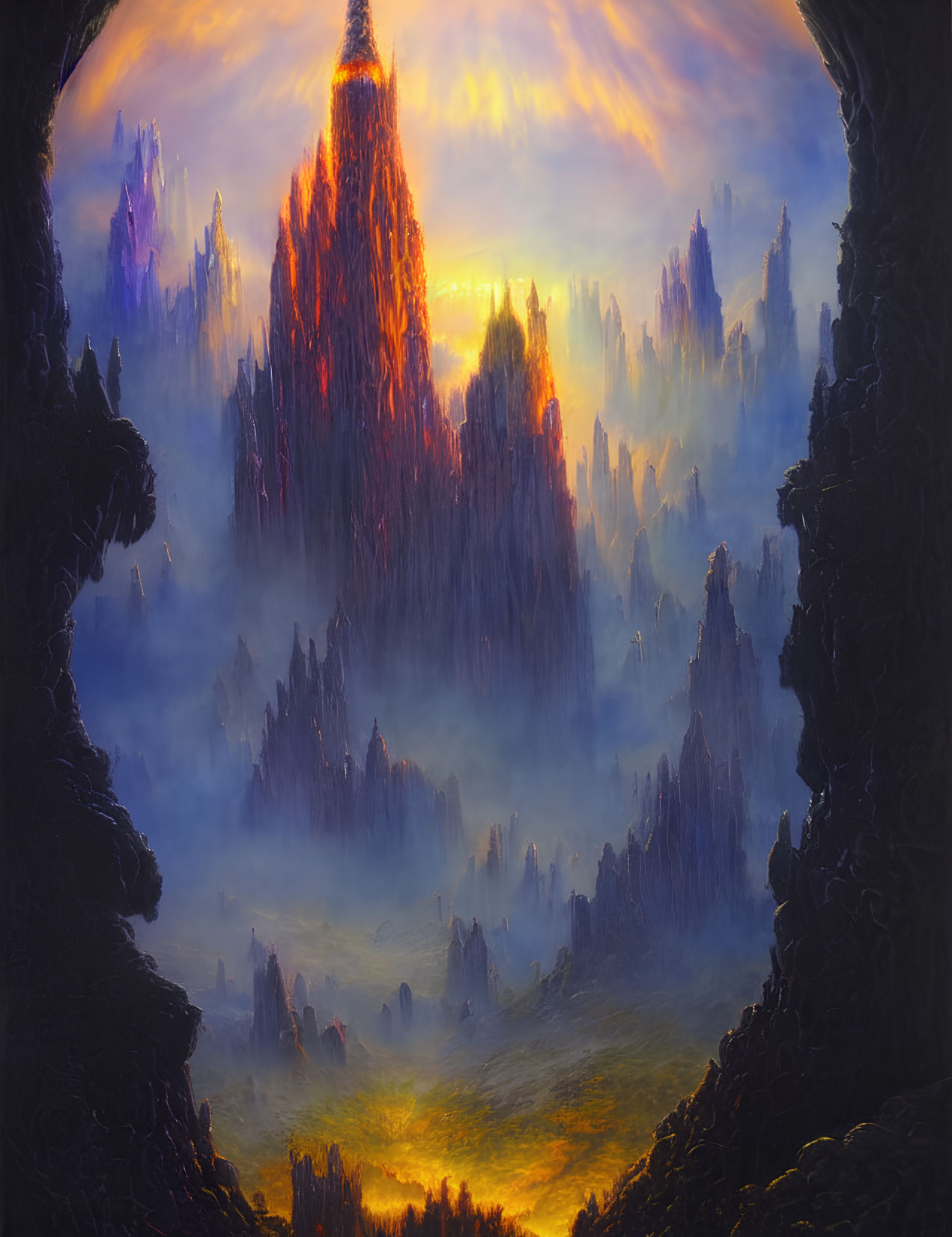 Fantastical sunset landscape with towering spires and radiant sky