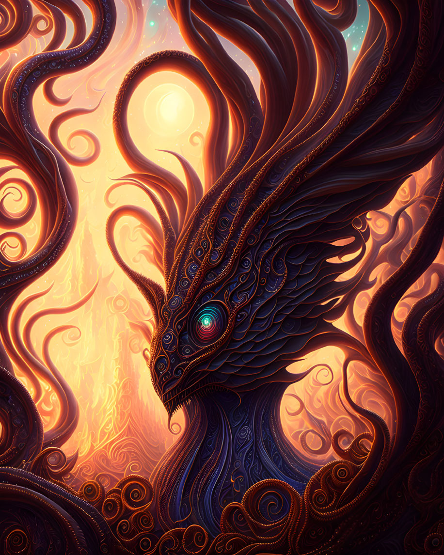 Colorful fantasy dragon art with intricate scales on fiery backdrop