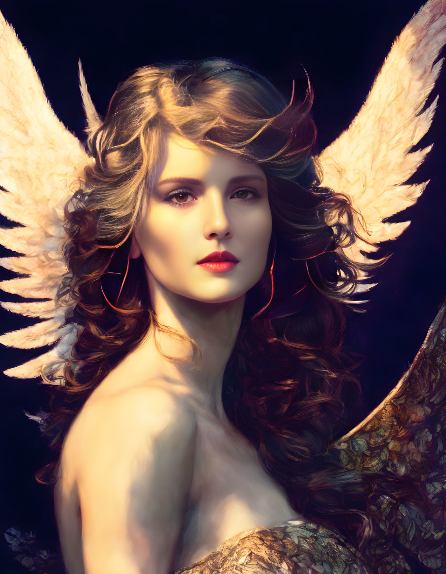 Ethereal woman with flowing hair and white wings on dark background