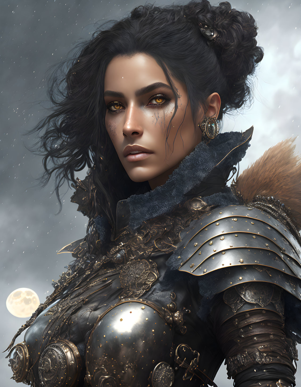 Portrait of woman with golden eyes in black and gold armor against moonlit sky