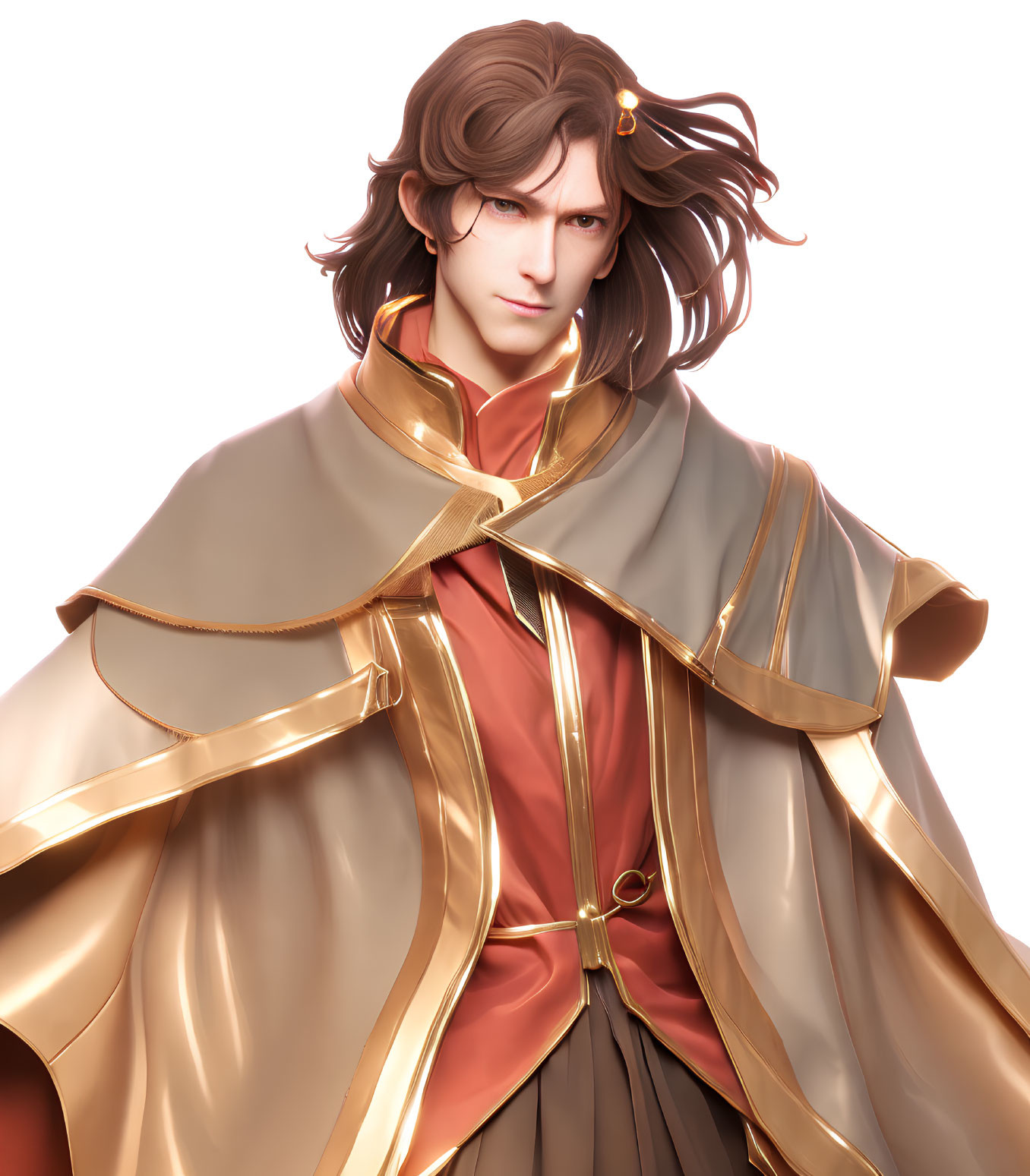 Illustrated character with long brown hair in red outfit and golden mantle.