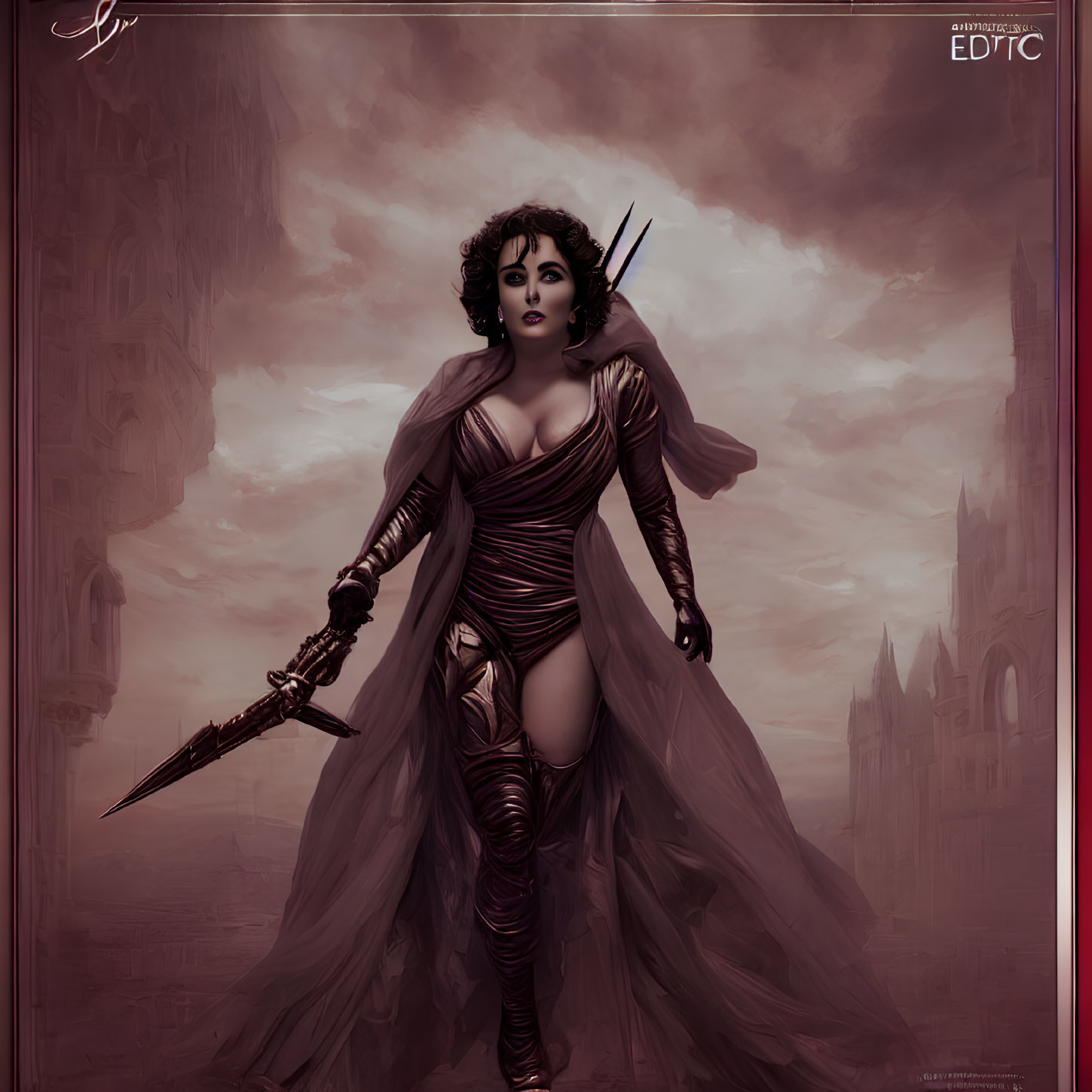 Fantasy Gothic Art: Woman in Red Dress with Sword in Eerie Setting