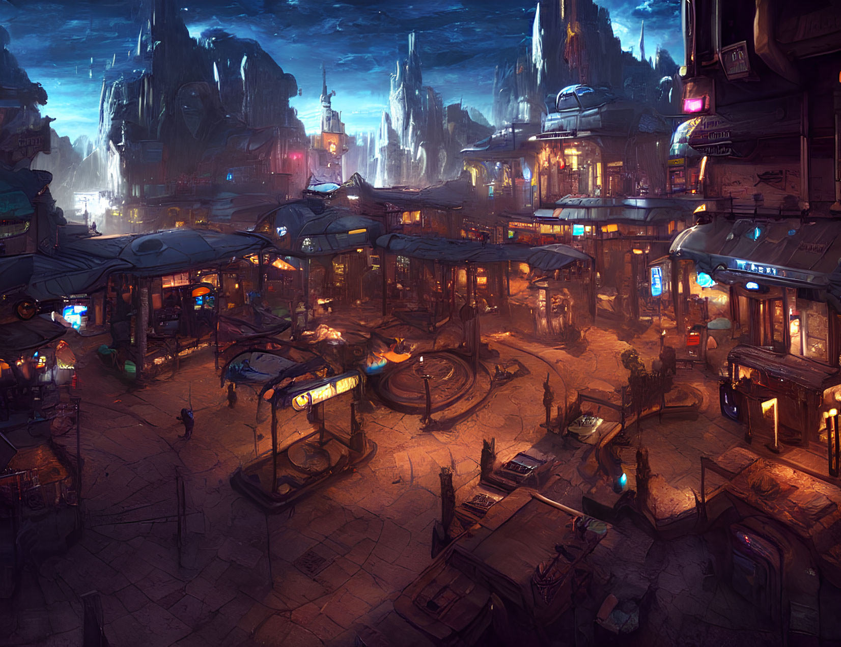 Futuristic neon-lit cityscape with bustling streets and towering rocks