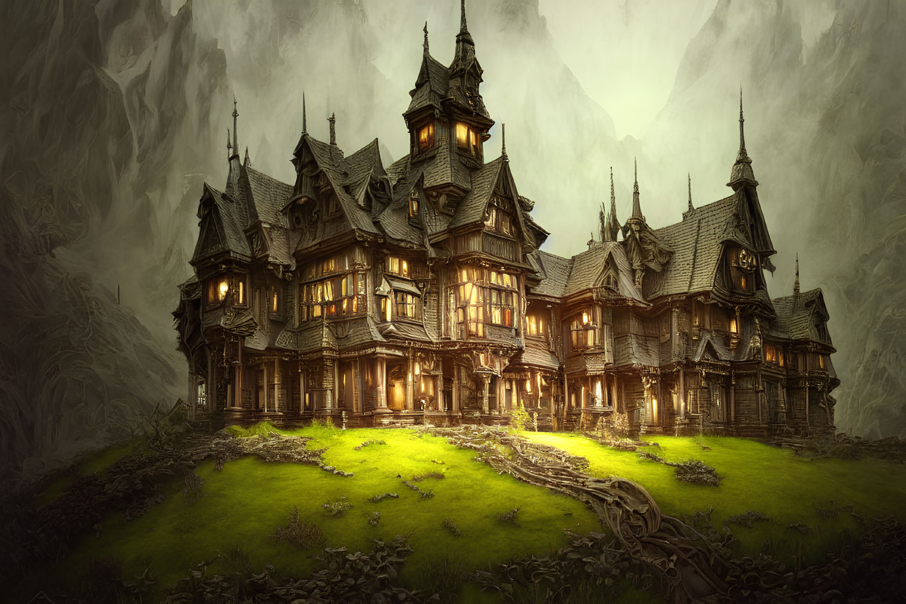 Victorian mansion against misty mountain backdrop with warm lights.