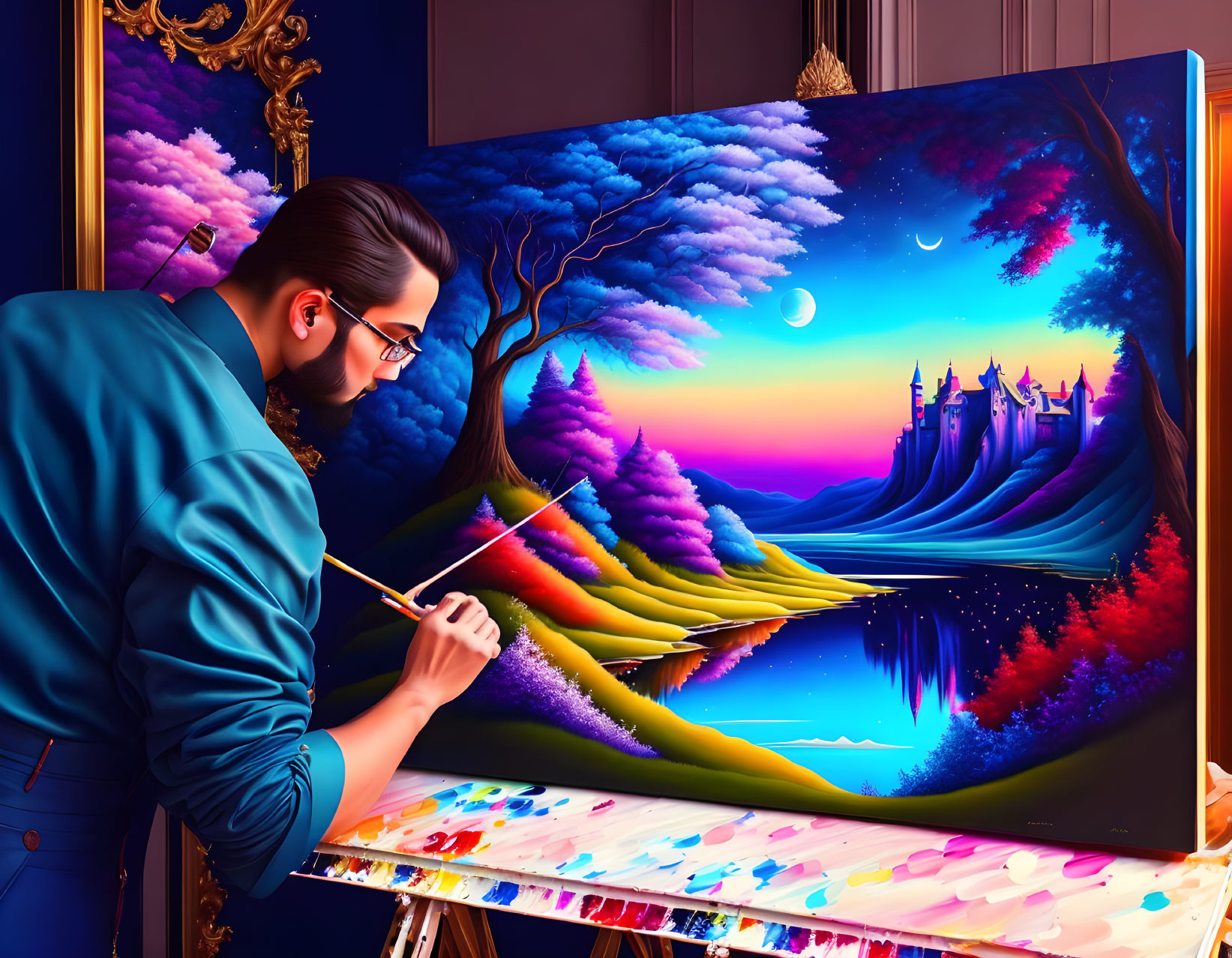 Artist painting vibrant fantasy landscape with castle at twilight