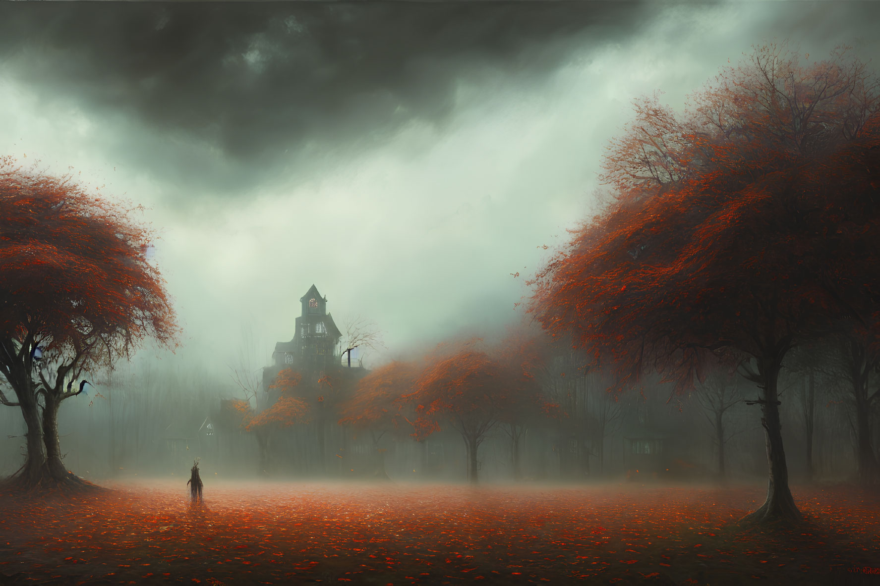 Misty dark forest with red trees and ominous house