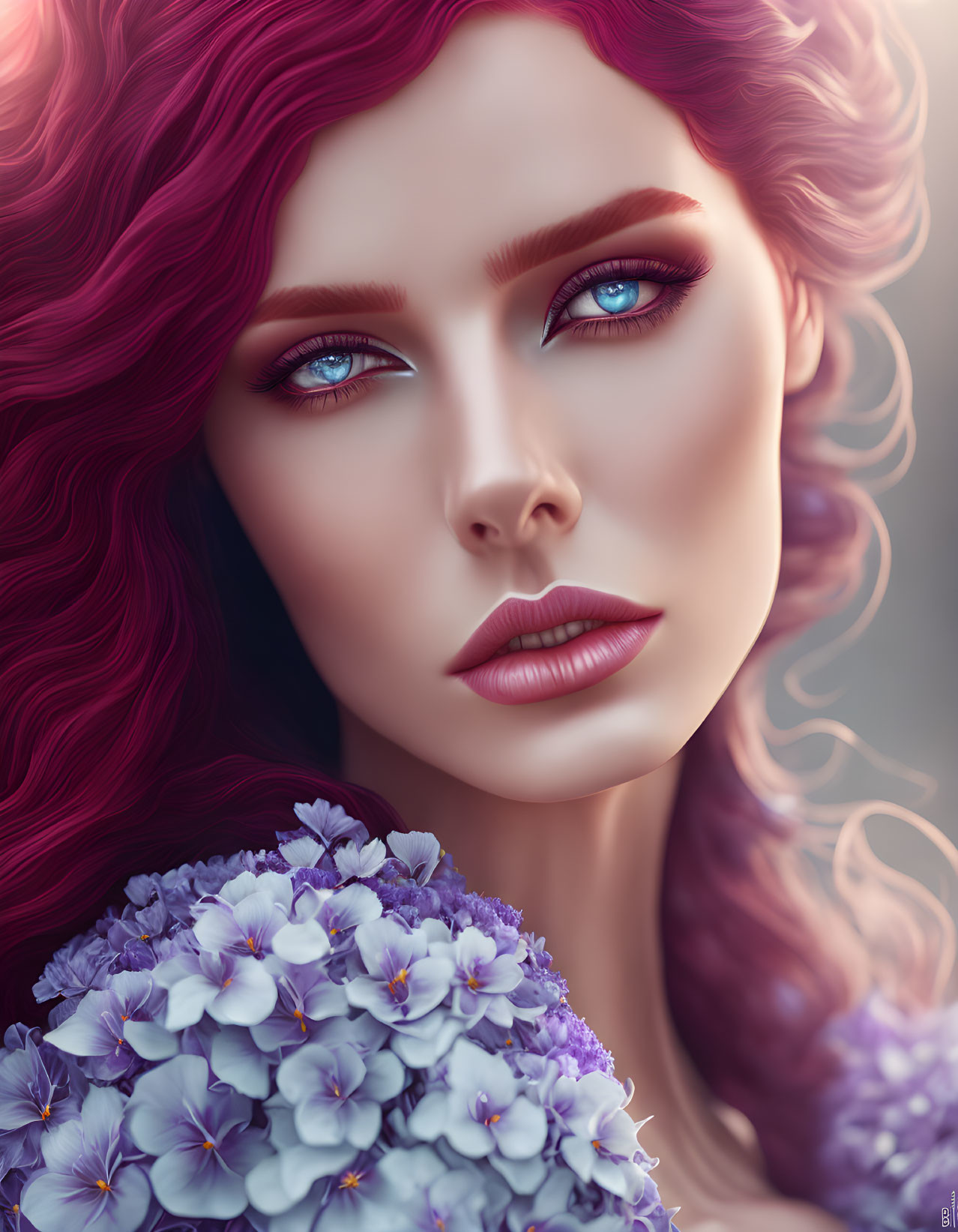 Portrait of woman with magenta hair, blue eyes, and bouquet of purple flowers