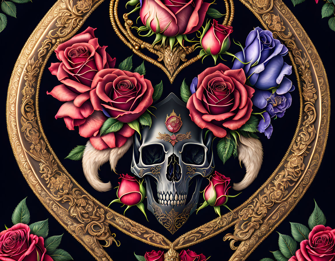 Skull in Gold Frame Surrounded by Colorful Roses on Dark Background