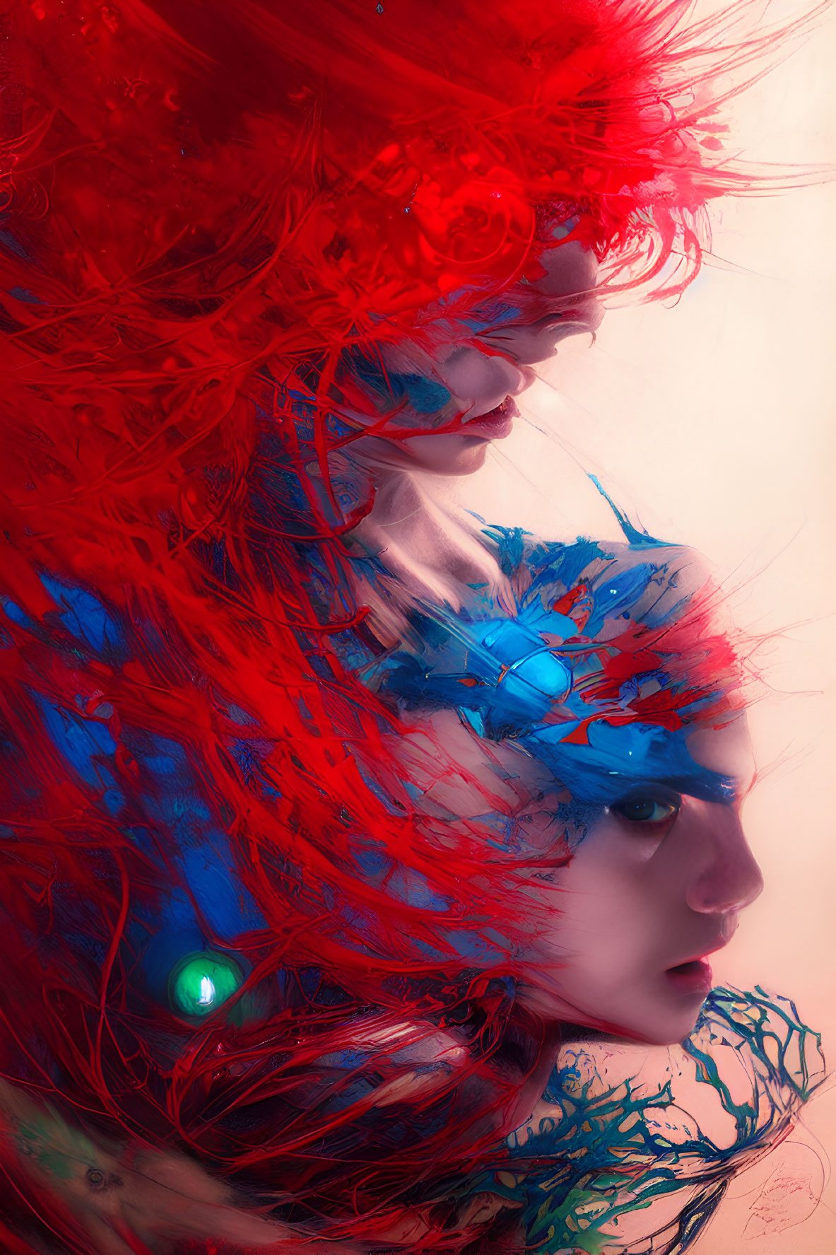 Ethereal digital artwork: two faces with red and blue hair & branch-like adornments