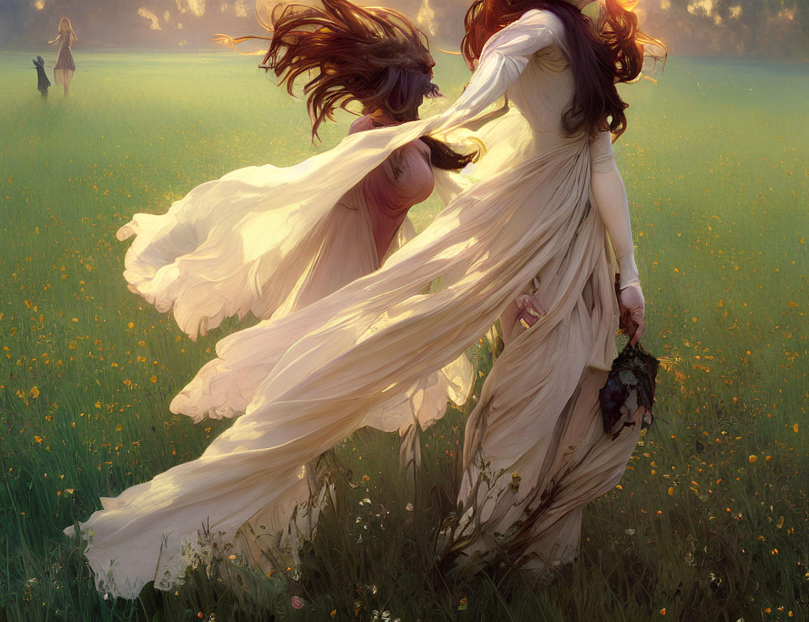 Women dancing in flowing dresses in sunlit field with wildflowers