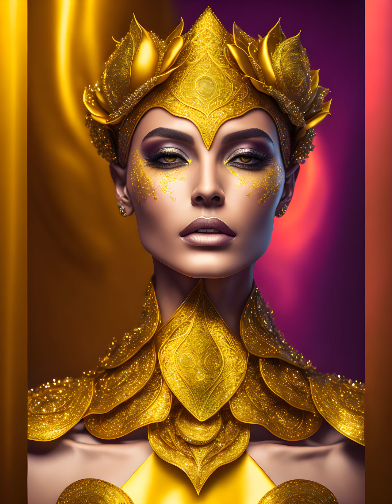 Regal Figure with Golden Headpiece on Vibrant Background