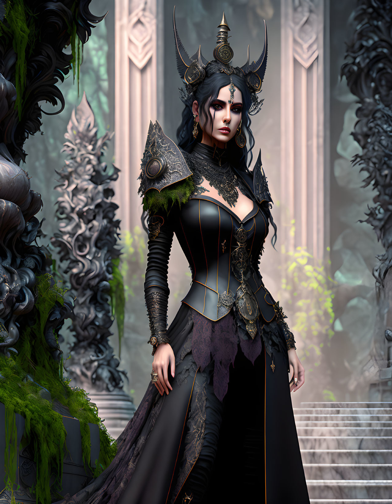 Dark Fantasy Armor Woman Poses Regally Against Ornate Backdrop