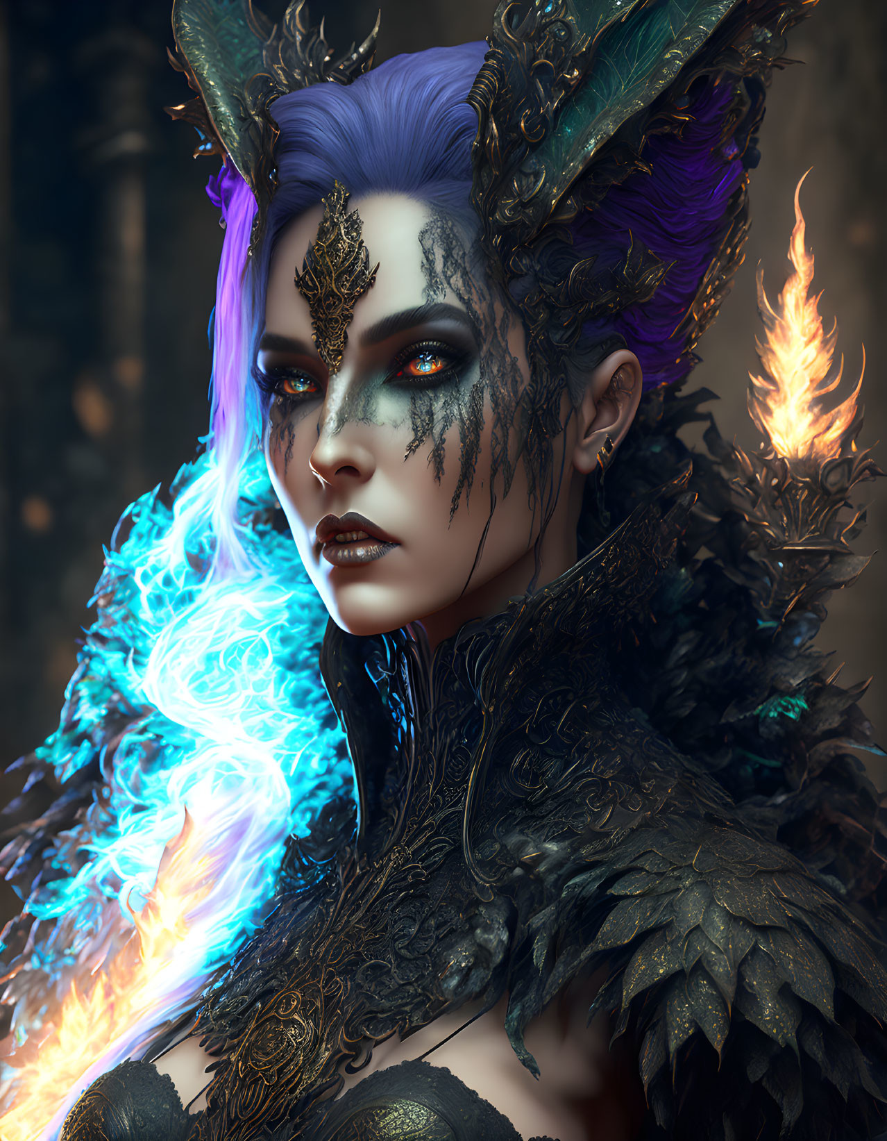 Blue-skinned fantasy character with purple hair, golden facial markings, and fiery blue energy.