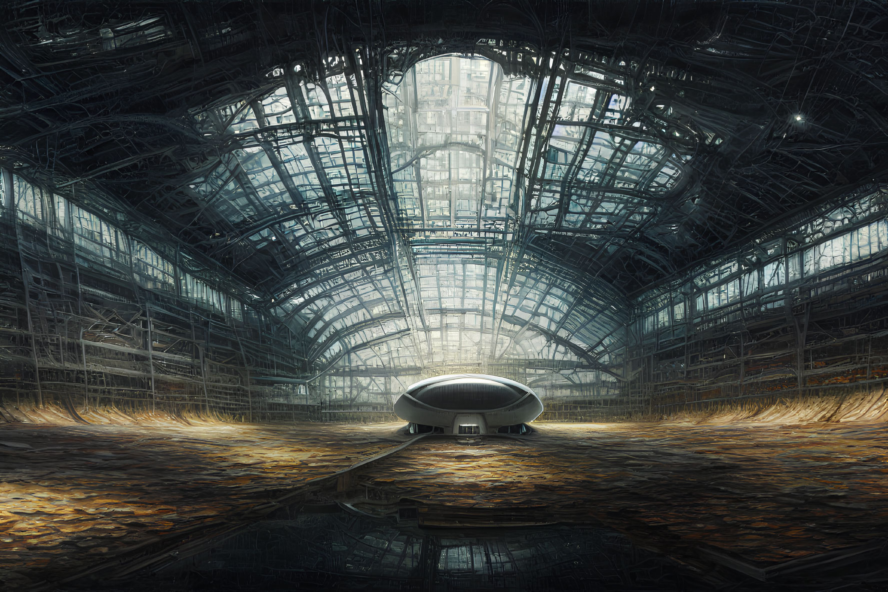 Expansive glass-roofed station with futuristic train and industrial aesthetic