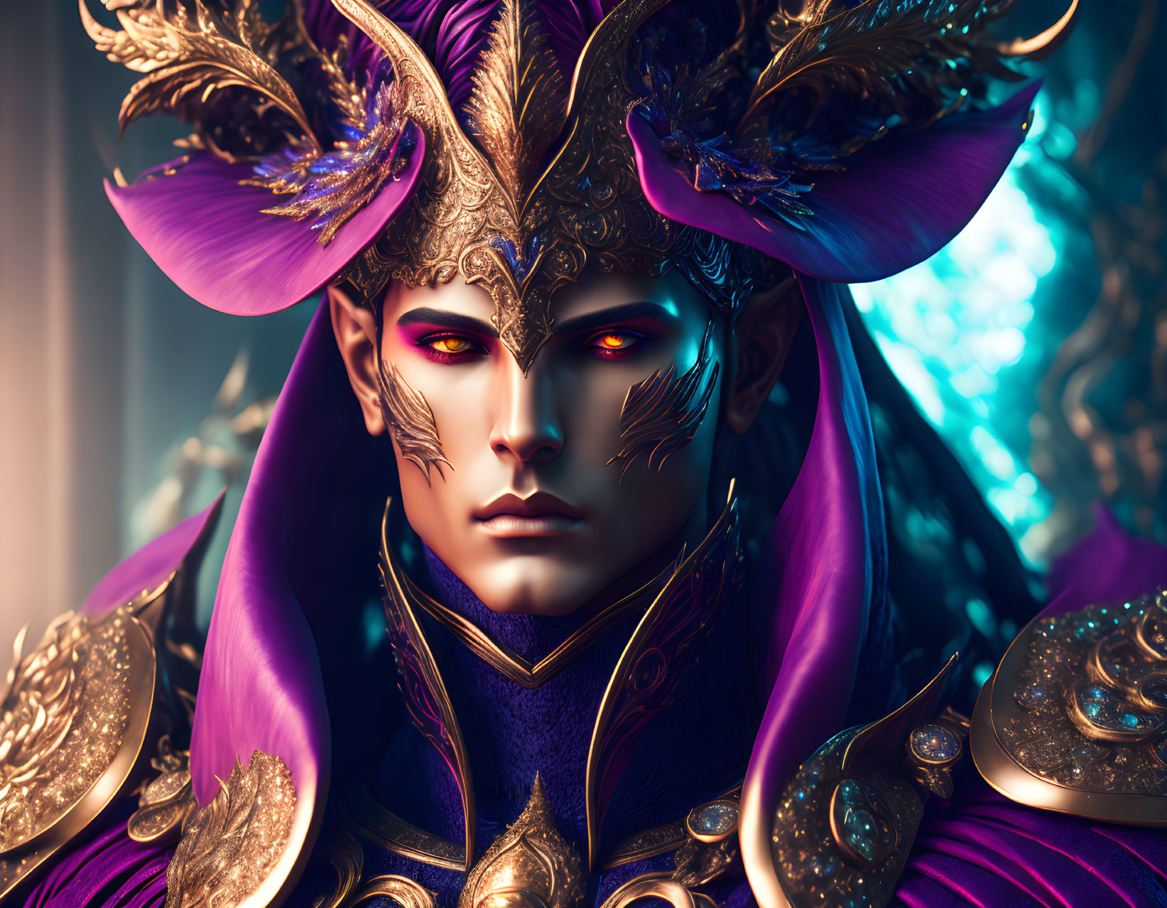 Character with red eyes in ornate golden and purple mask and regal cloak