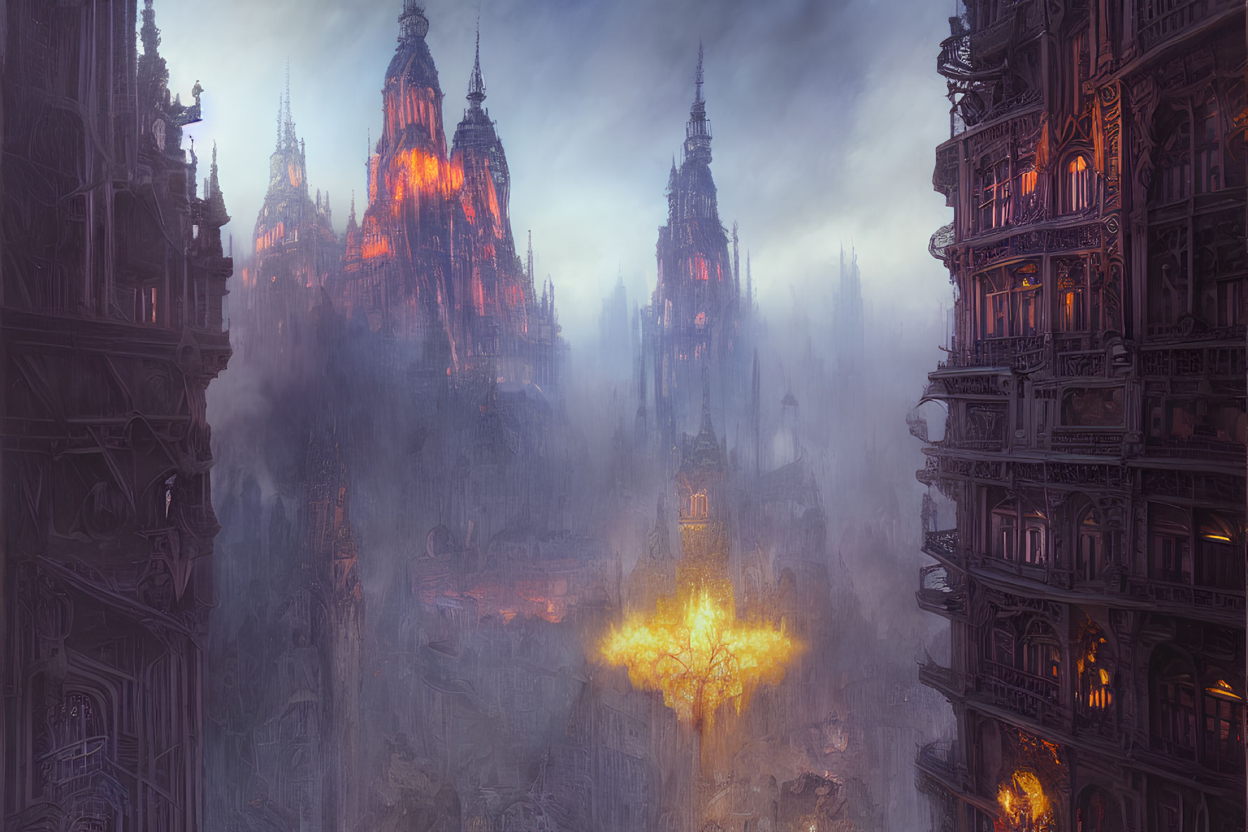 Gothic cityscape at dusk with towering spires and warm lights