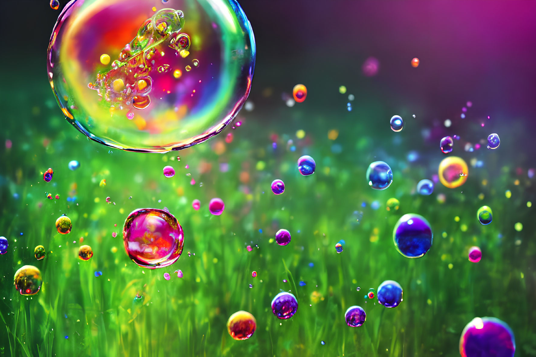 Colorful Soap Bubbles Over Green Meadow with Bokeh Effects