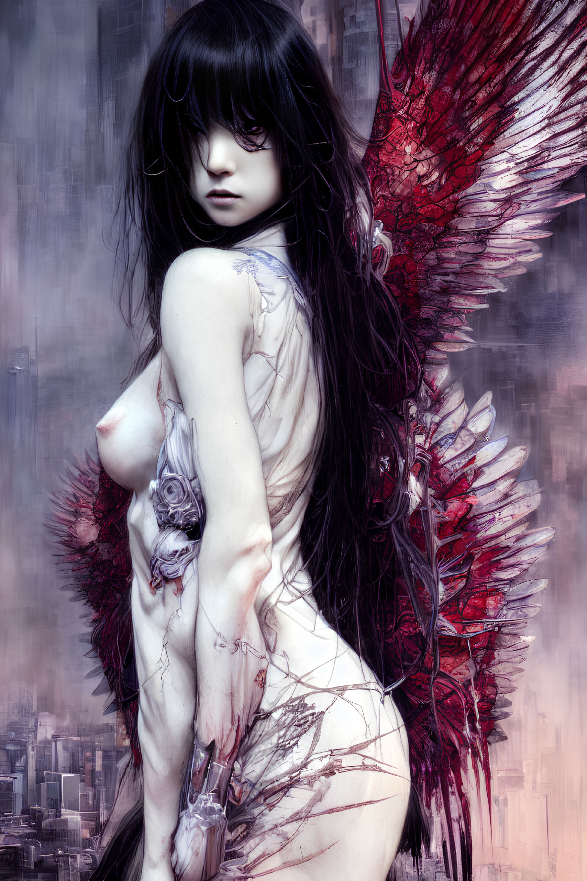 Female figure with black hair and red angel wings holding a gun in urban setting