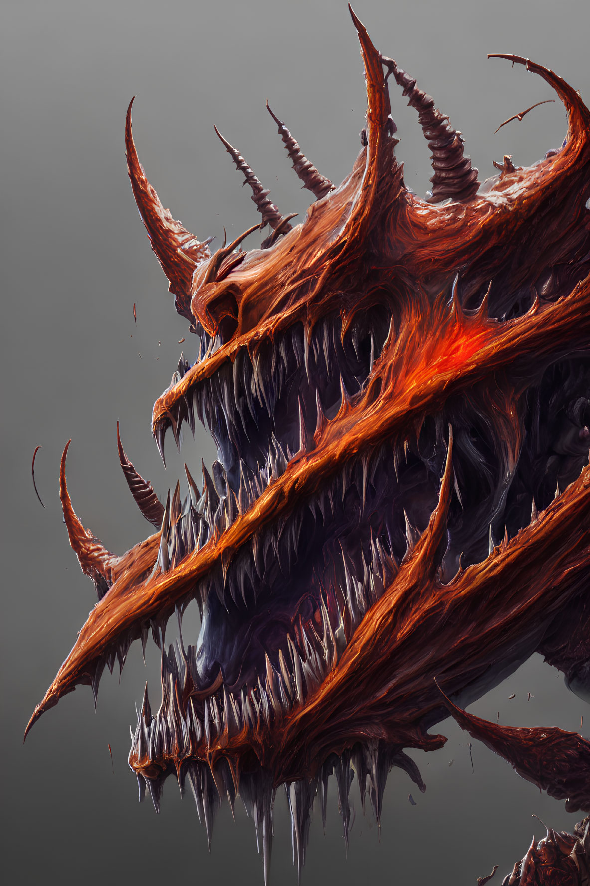 Fantastical creature with sharp horns and fiery red accents