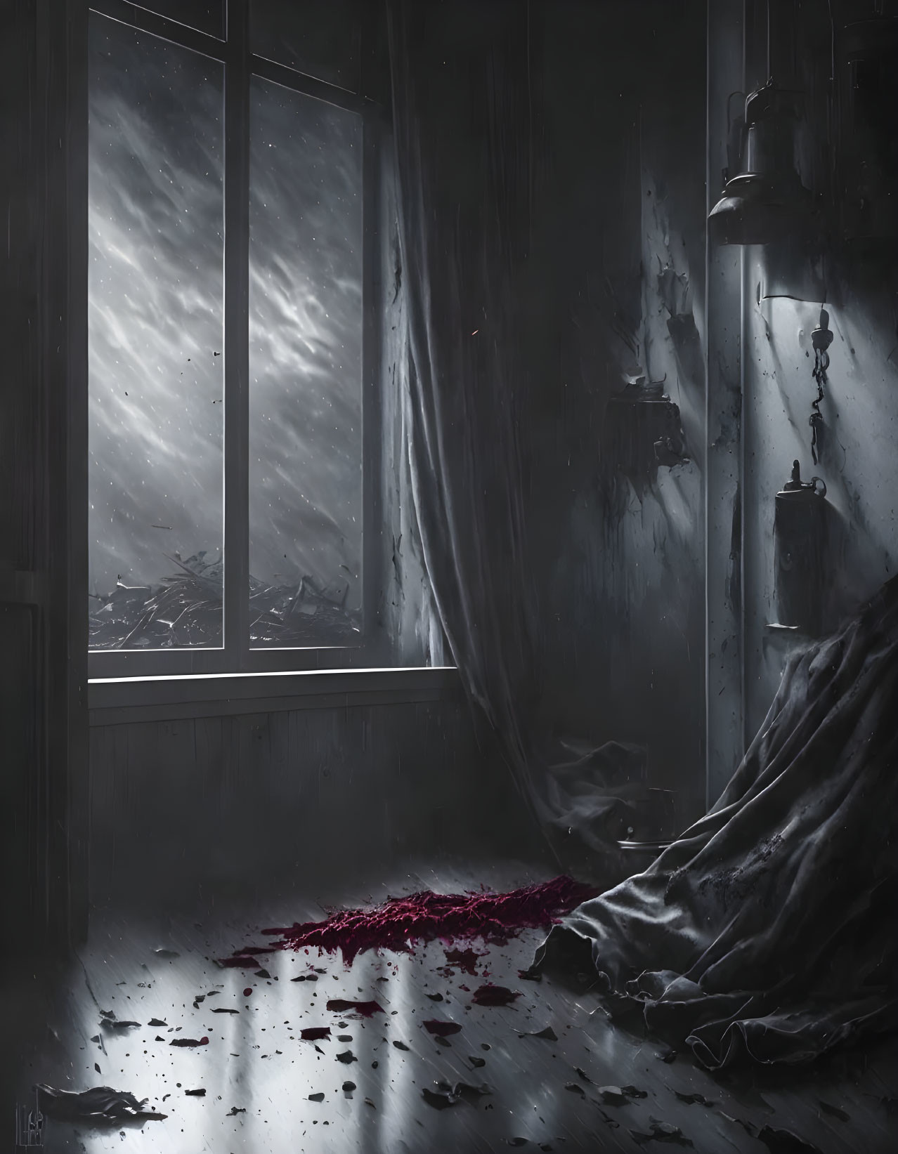 Dark Room with Stormy Sky Window, Tattered Curtains, Rose Petals, and Draped