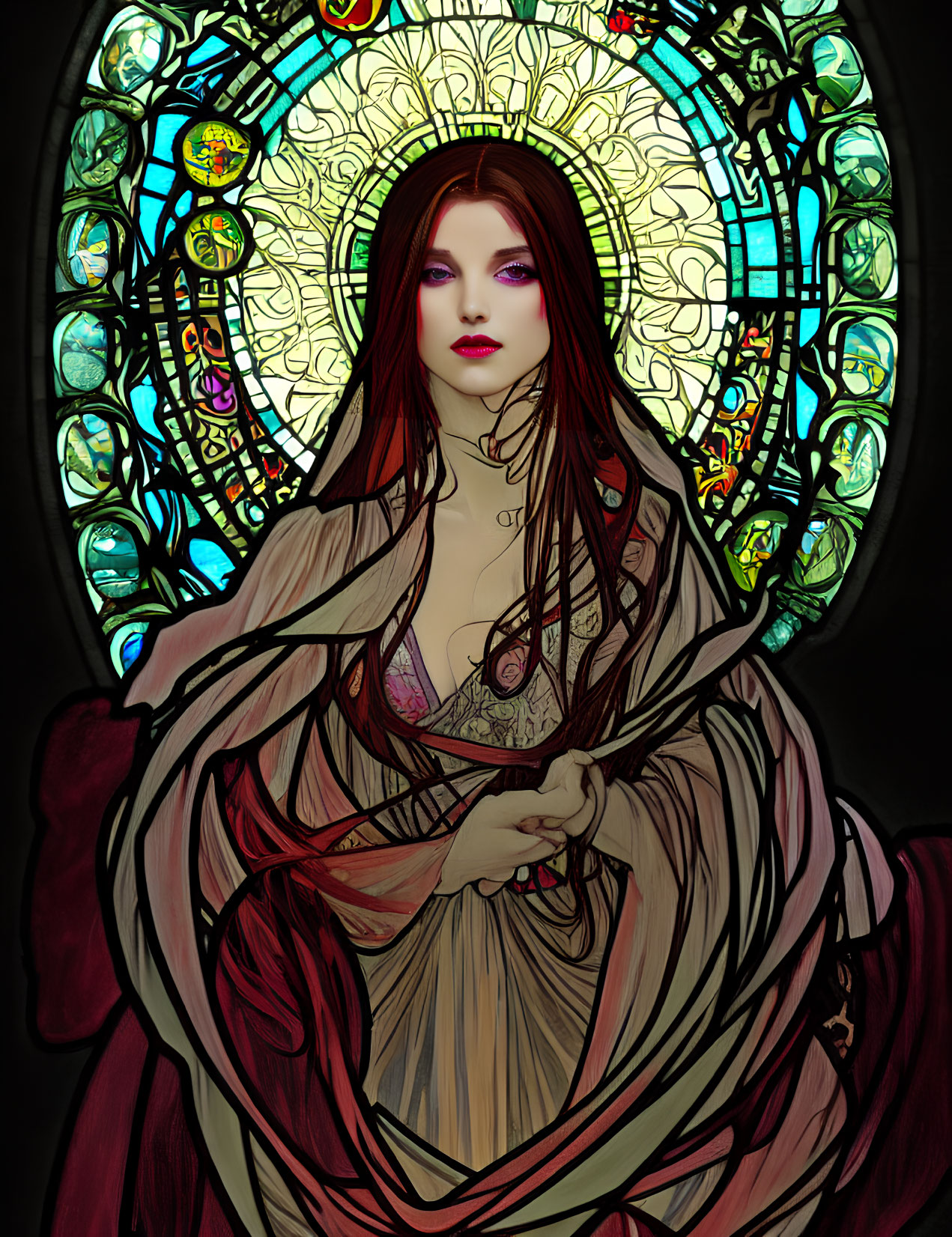 Stylized portrait of woman with dark hair and purple eyes by stained glass window