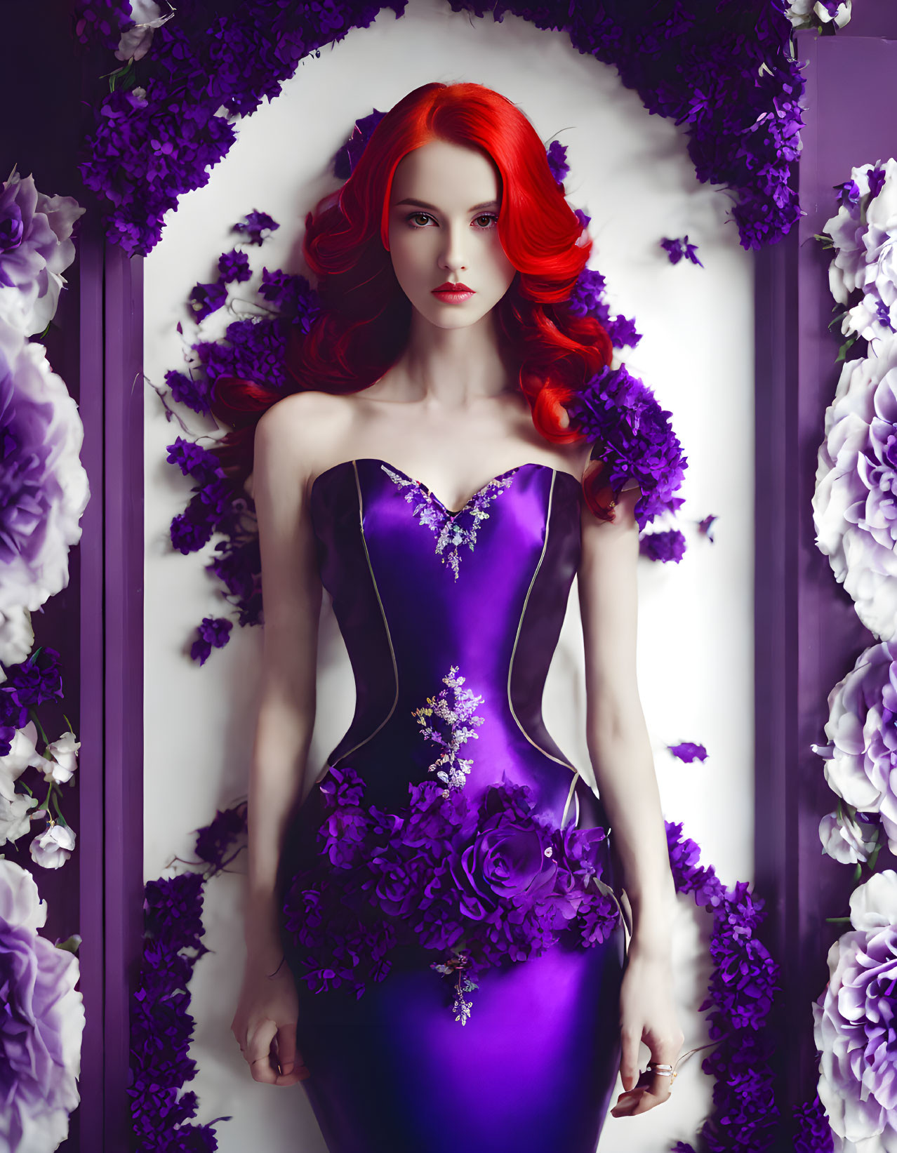 Vibrant red-haired woman in purple dress among floral arrangements