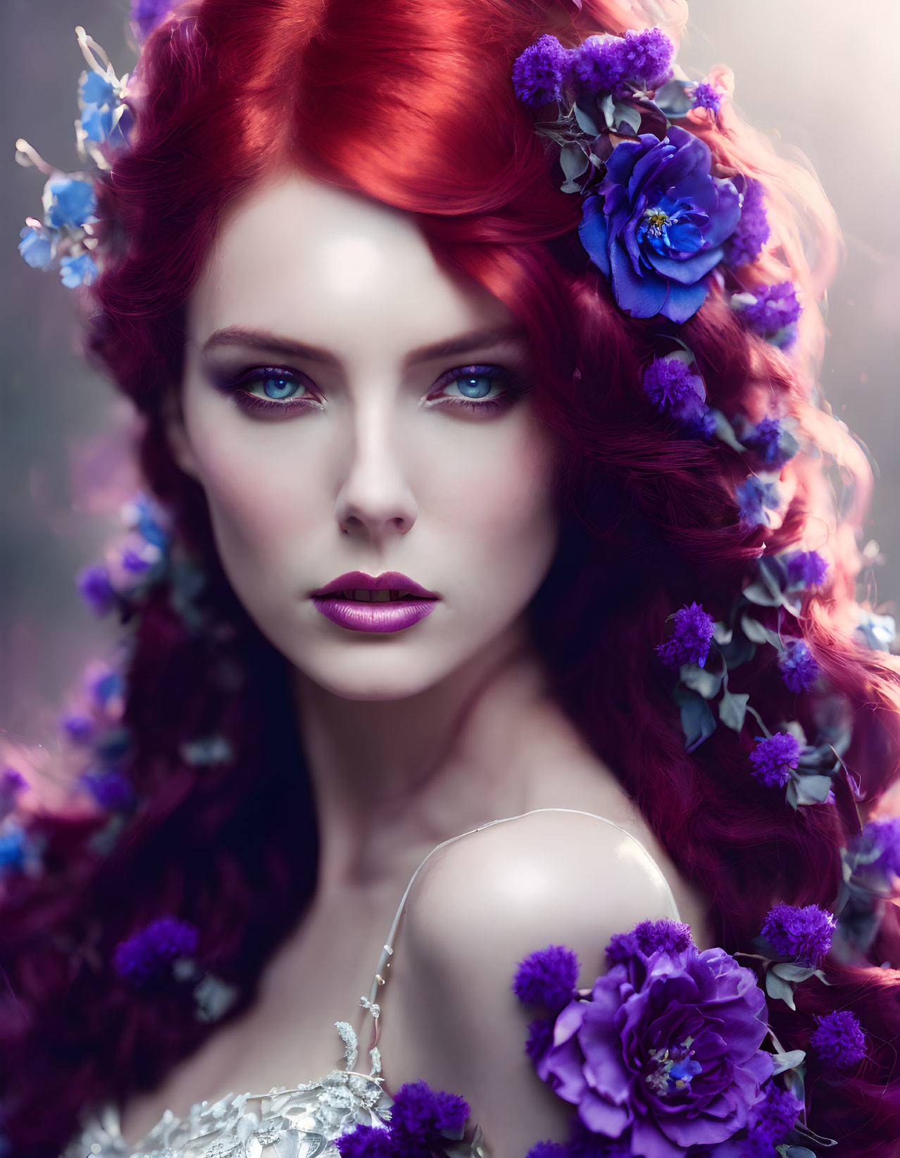 Vibrant red hair woman with purple flowers, blue eyes, bold makeup