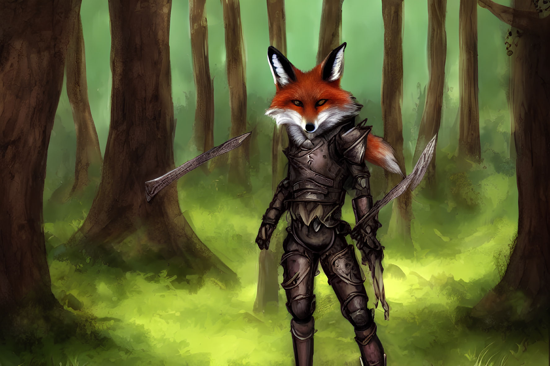 Anthropomorphic Fox in Medieval Armor Holding Sword in Forest Clearing