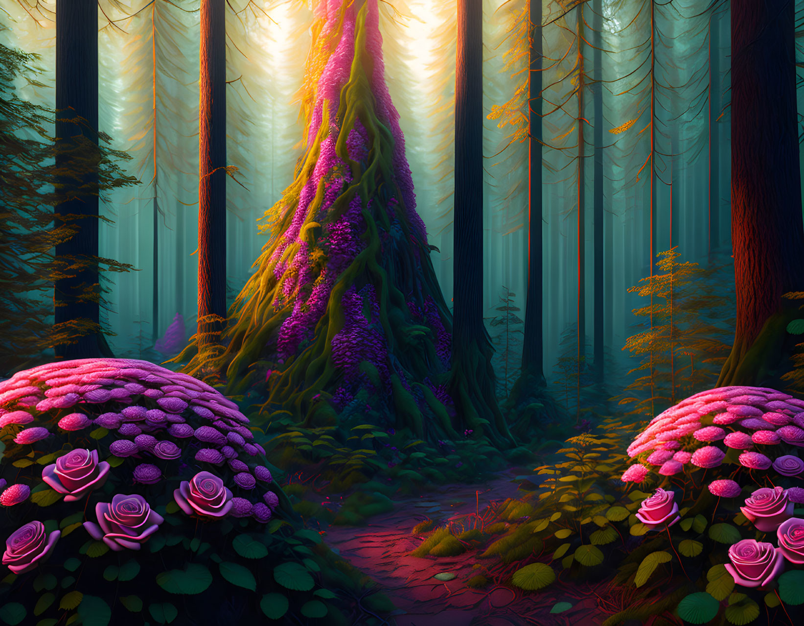 Vibrant Purple Foliage and Pink Flowers in Magical Forest