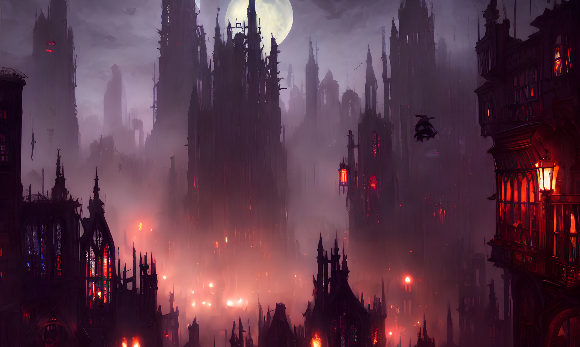 Gothic Night Cityscape: Full Moon, Tall Spires, Red Glow, Flying Creature