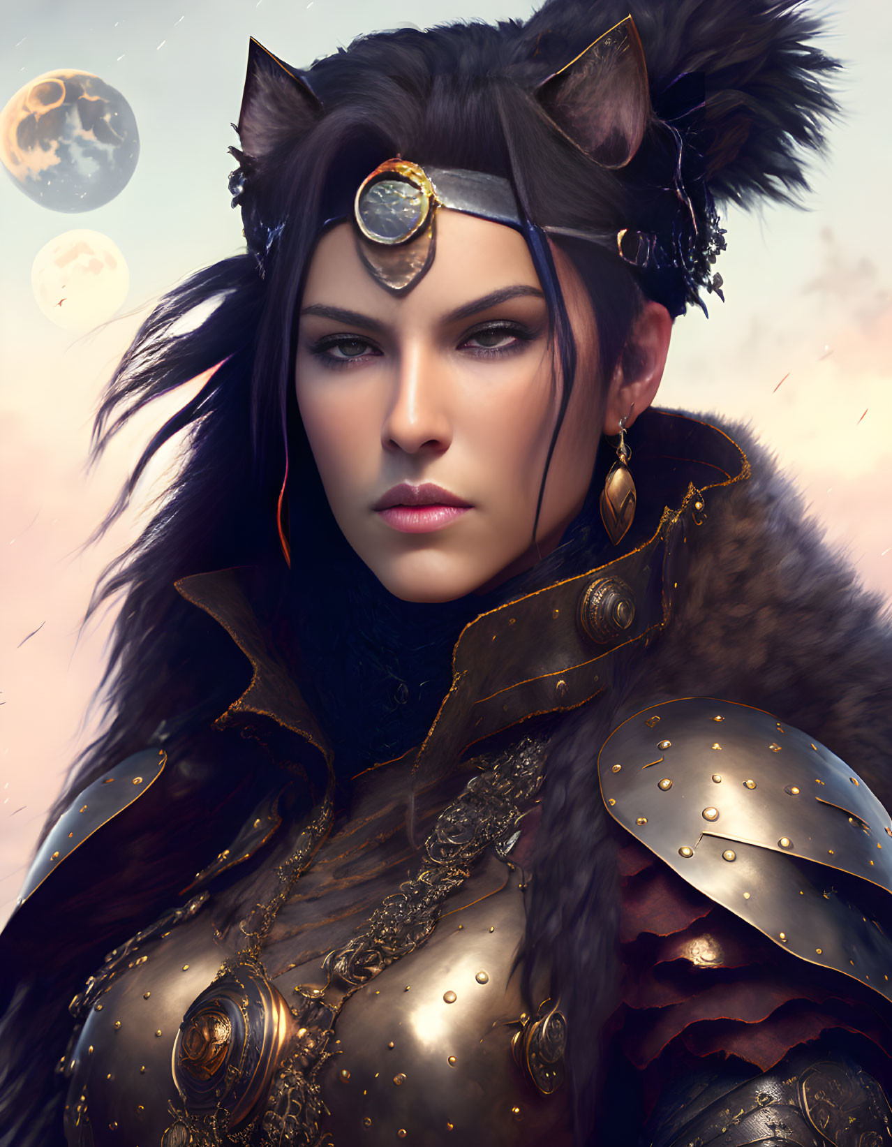 Fantasy warrior woman portrait with cat ears and elaborate armor