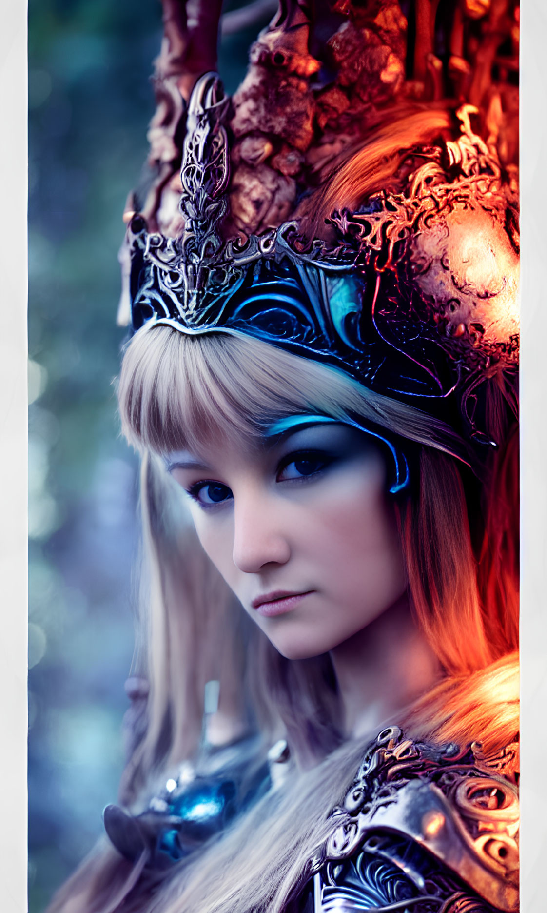 Fantasy woman in elaborate armor and crown with cool color palette