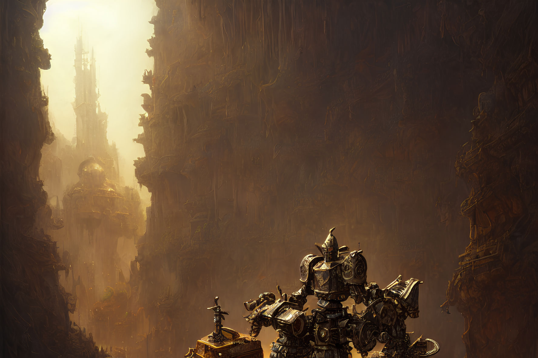 Gigantic robot in vast, dimly lit landscape