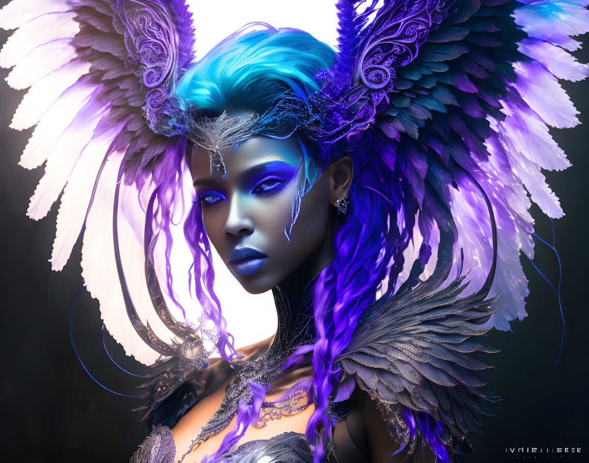 Fantasy portrait featuring person with blue and purple hair, dramatic makeup, winged headdress, and