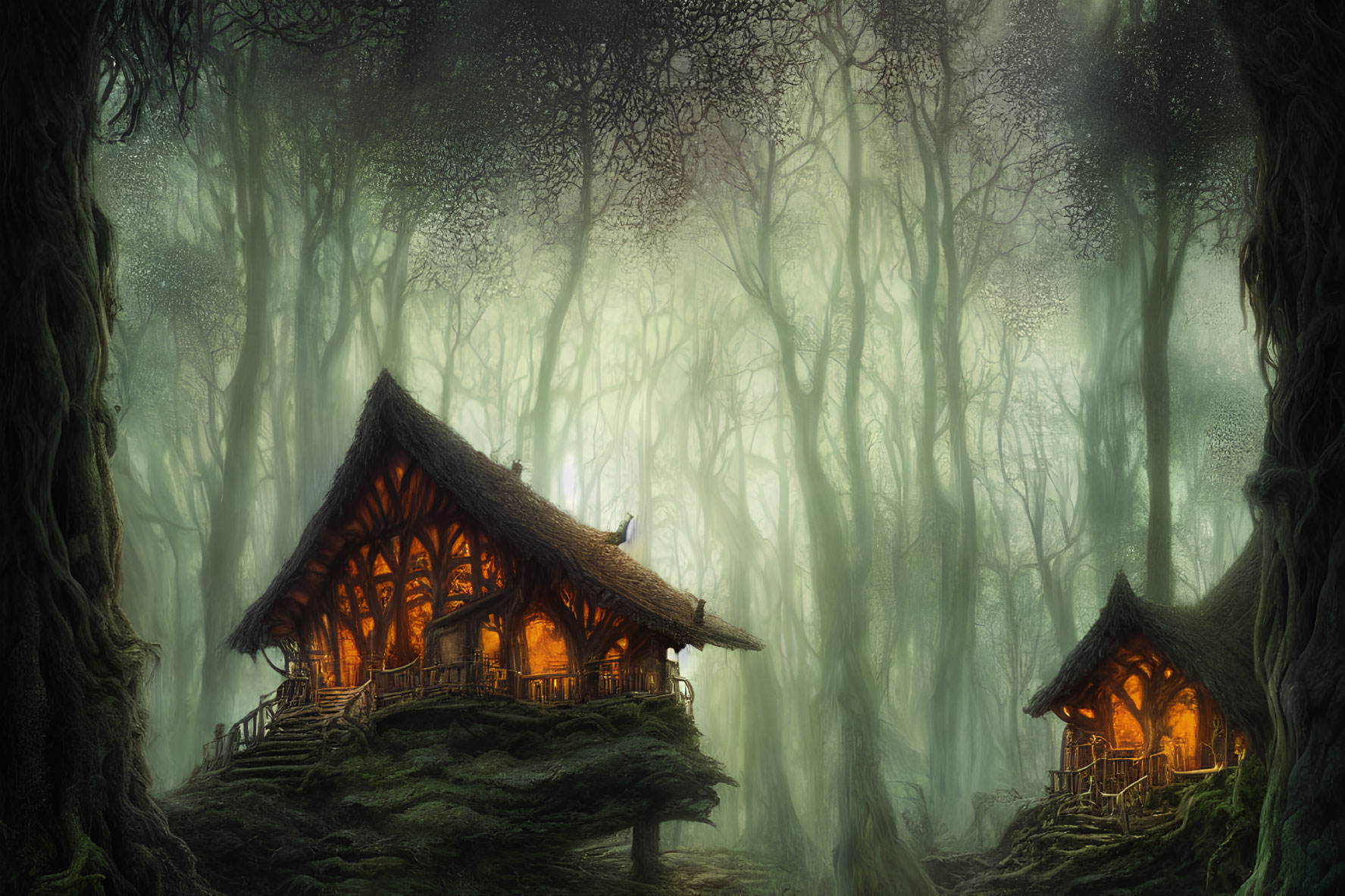 Mystical forest scene with cozy cottages and ancient trees