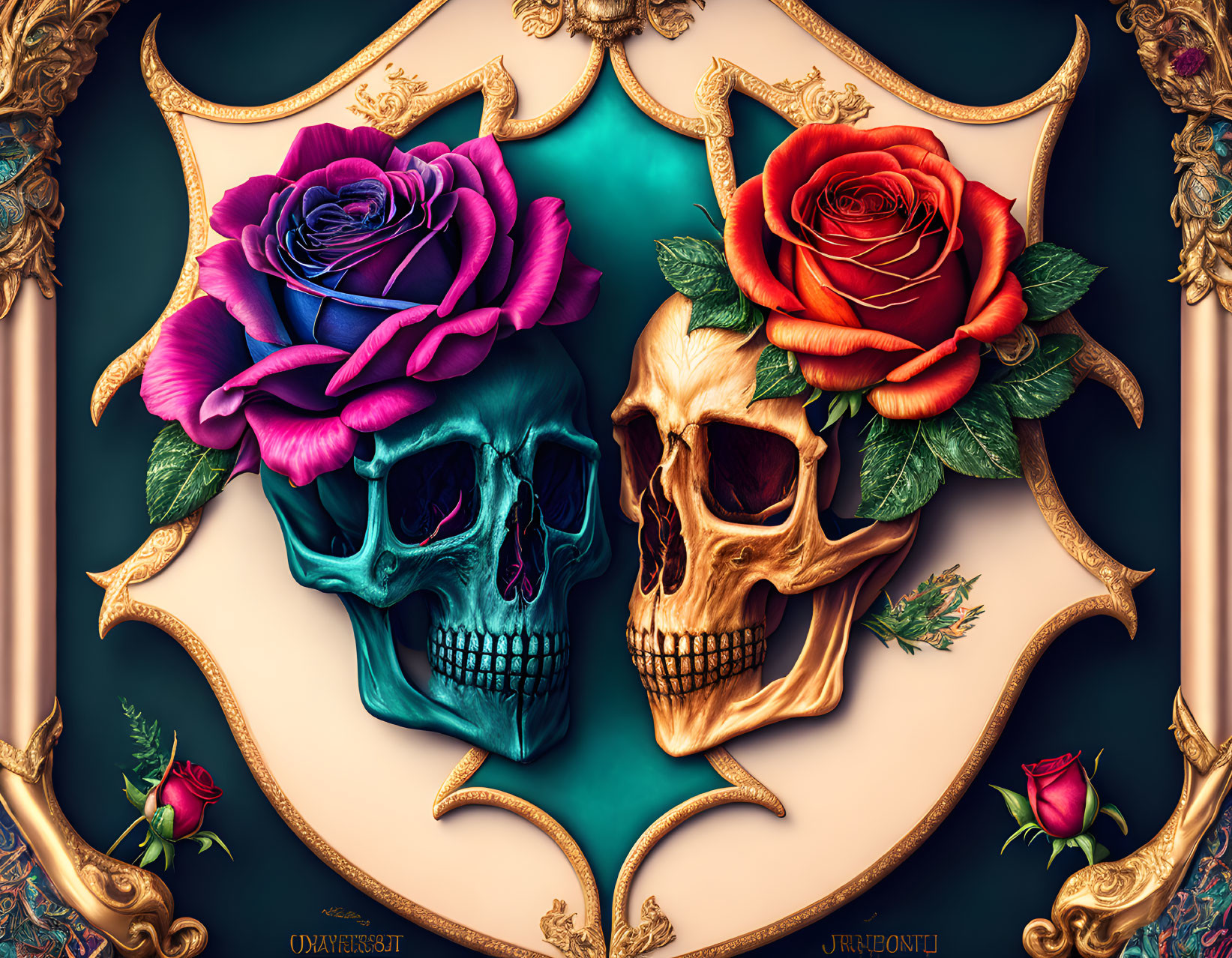 Intricately Decorated Skulls with Multi-Colored Roses on Dark Teal Background