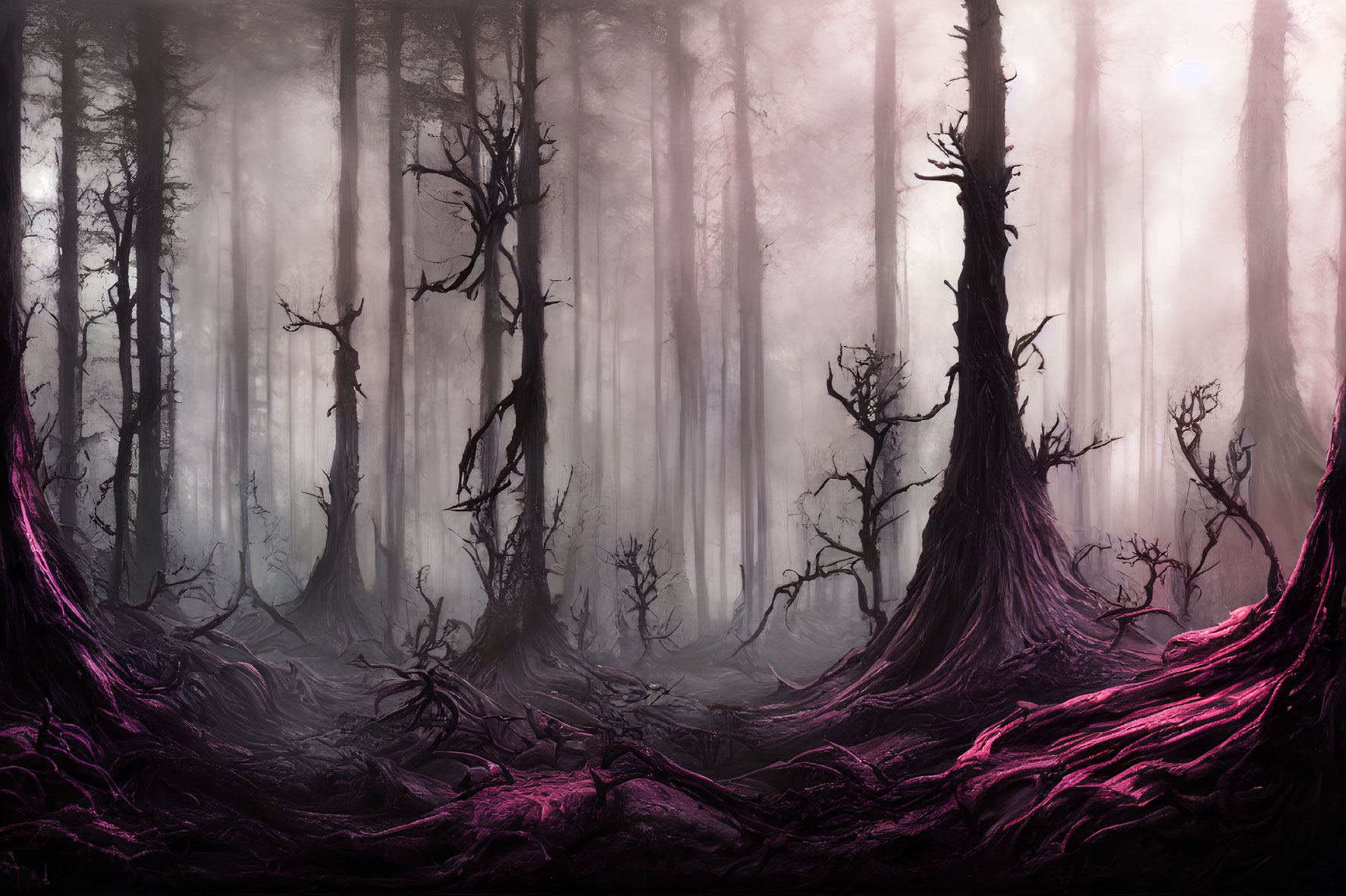 Mystical forest with gnarled trees and purple mist.