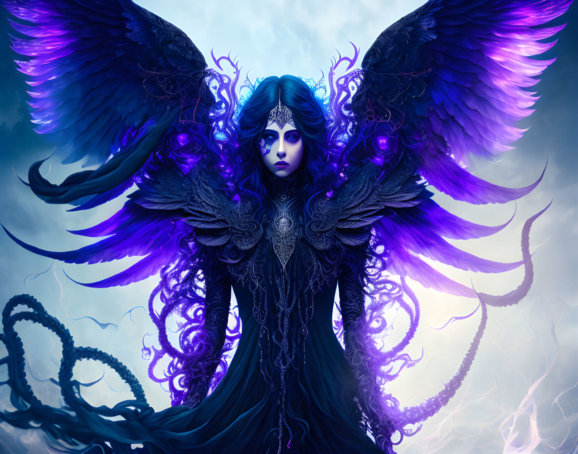 Fantasy figure with dark purple wings and intricate armor in mystical setting