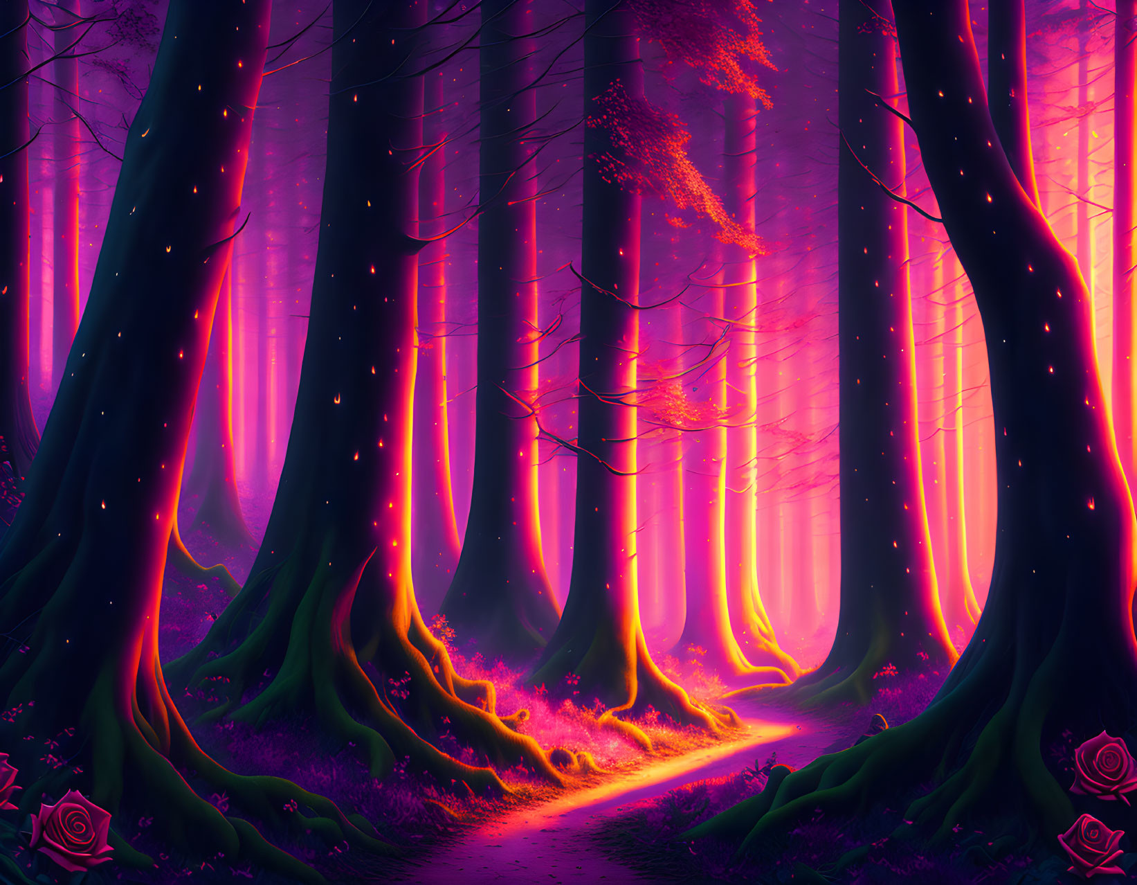 Enchanting Twilight Forest Scene with Purple and Pink Hues