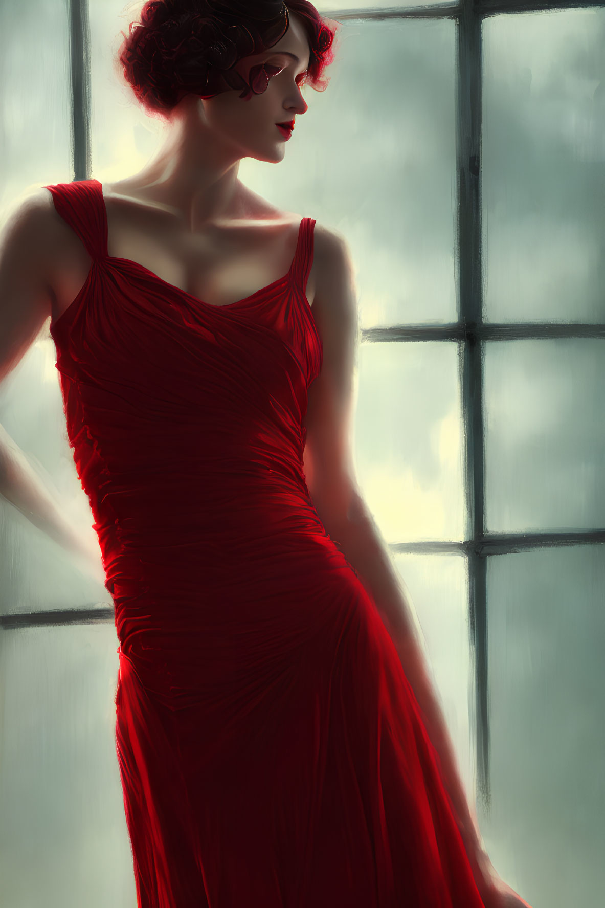 Woman in Red Dress Contemplating by Window with Soft Shadows