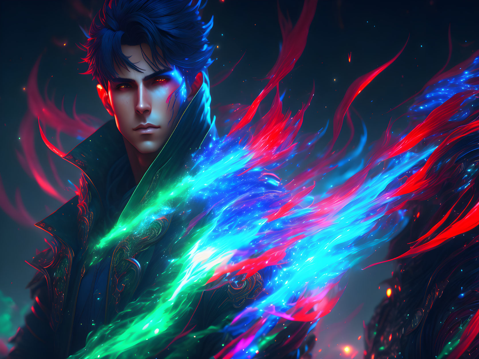 Vibrant digital artwork: person with blue hair and intense gaze engulfed by blue and red flames