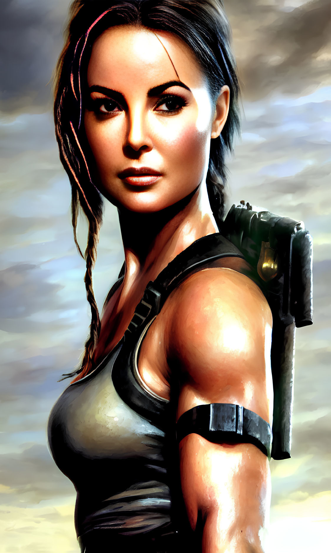 Female video game character with braid in tactical gear under dramatic sky