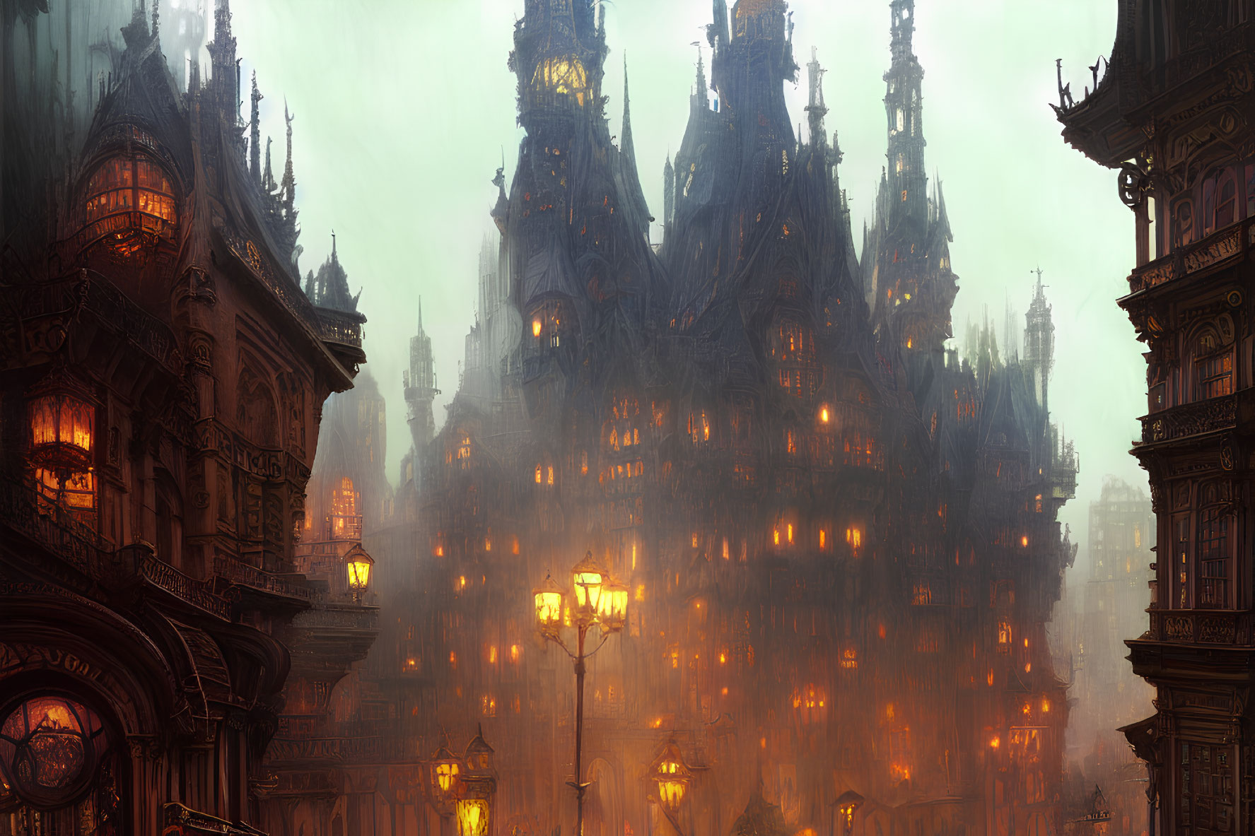 Gothic cityscape with illuminated buildings in misty haze