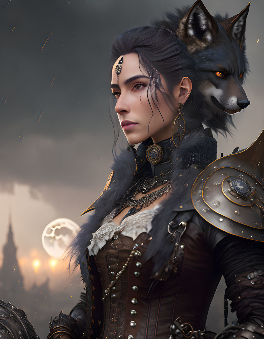 Female warrior and wolf in elaborate armor against moody castle backdrop