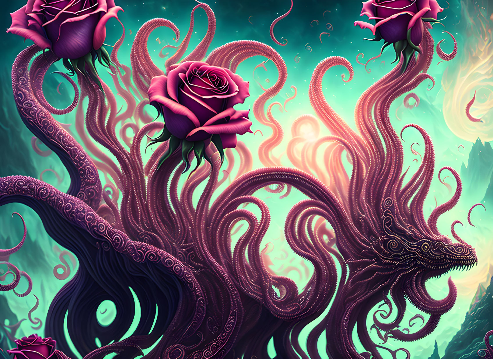 Purple Octopus Tentacles Merge with Vibrant Roses on Teal Background